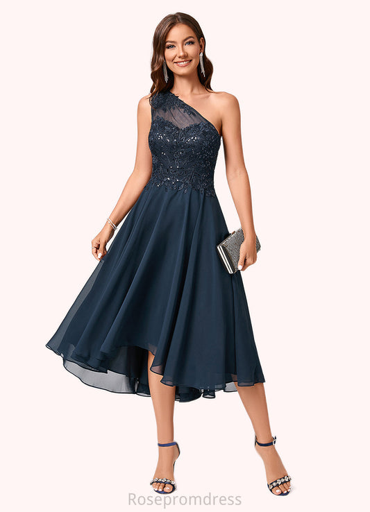 Joanna A-line One Shoulder Asymmetrical Chiffon Lace Sequin Cocktail Dress With Sequins SRSP0022245