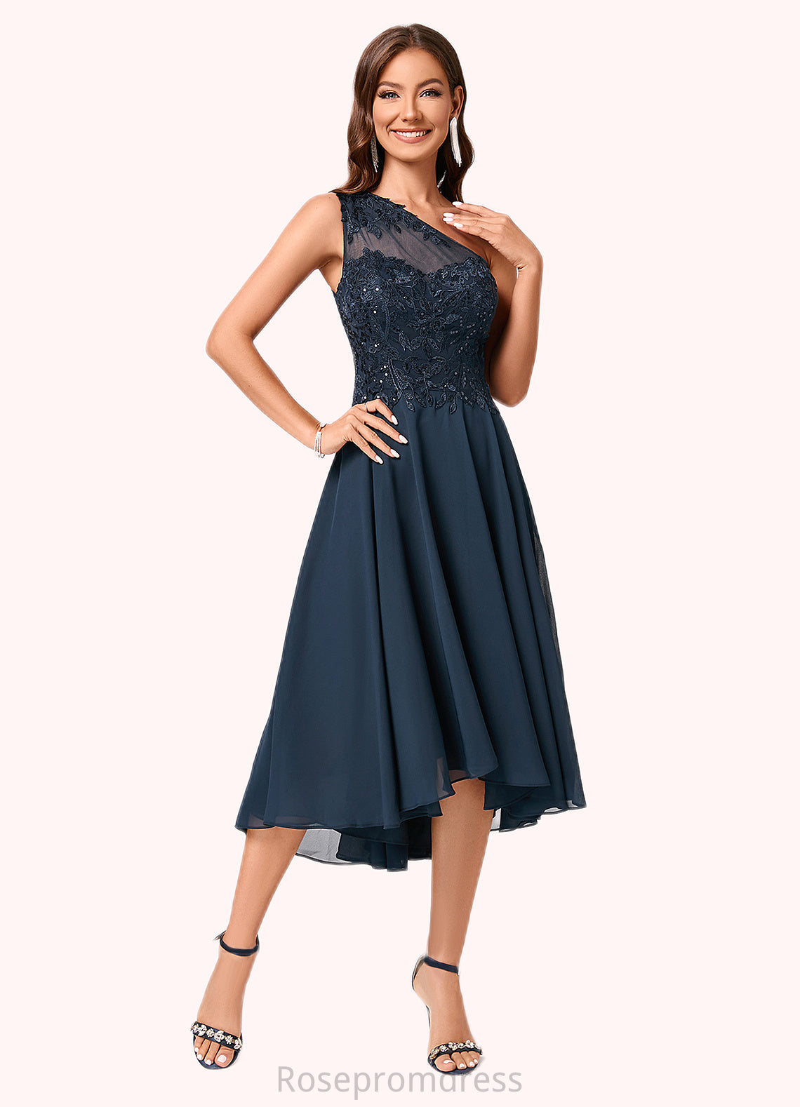 Joanna A-line One Shoulder Asymmetrical Chiffon Lace Sequin Cocktail Dress With Sequins SRSP0022245