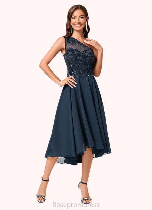Joanna A-line One Shoulder Asymmetrical Chiffon Lace Sequin Cocktail Dress With Sequins SRSP0022245