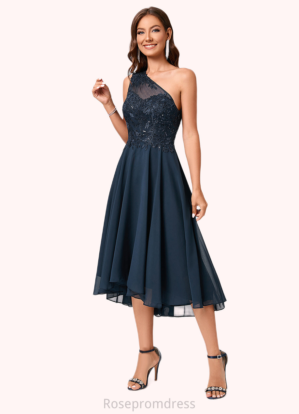 Joanna A-line One Shoulder Asymmetrical Chiffon Lace Sequin Cocktail Dress With Sequins SRSP0022245