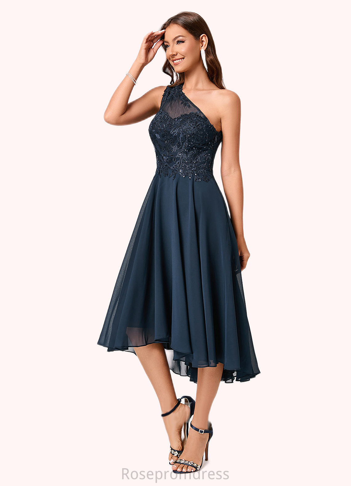 Joanna A-line One Shoulder Asymmetrical Chiffon Lace Sequin Cocktail Dress With Sequins SRSP0022245