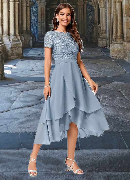 Elle A-line Scoop Asymmetrical Chiffon Lace Cocktail Dress SRSP0022246