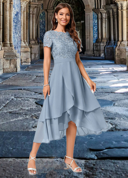 Reina A-line Scoop Asymmetrical Chiffon Lace Cocktail Dress DSP0022246