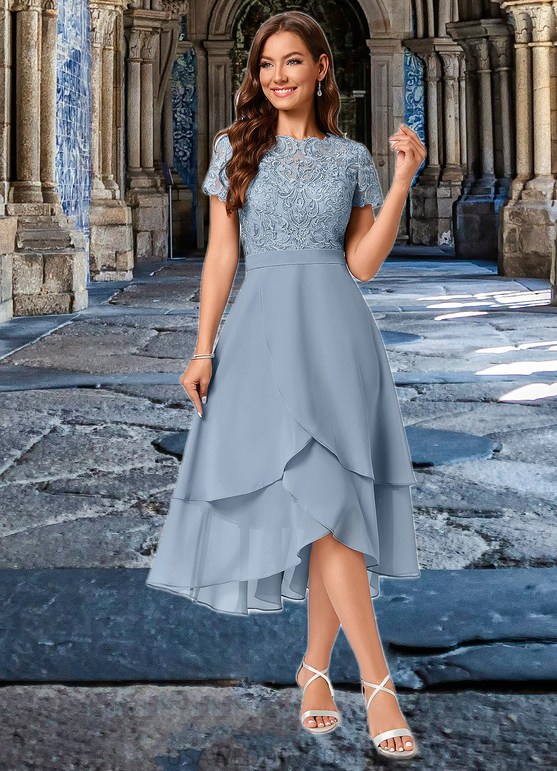 Reina A-line Scoop Asymmetrical Chiffon Lace Cocktail Dress DSP0022246