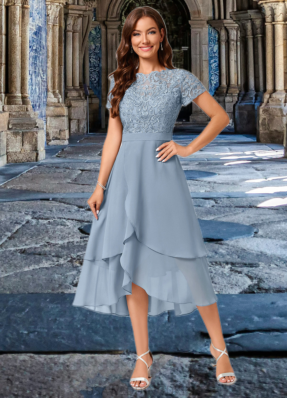 Reina A-line Scoop Asymmetrical Chiffon Lace Cocktail Dress DSP0022246