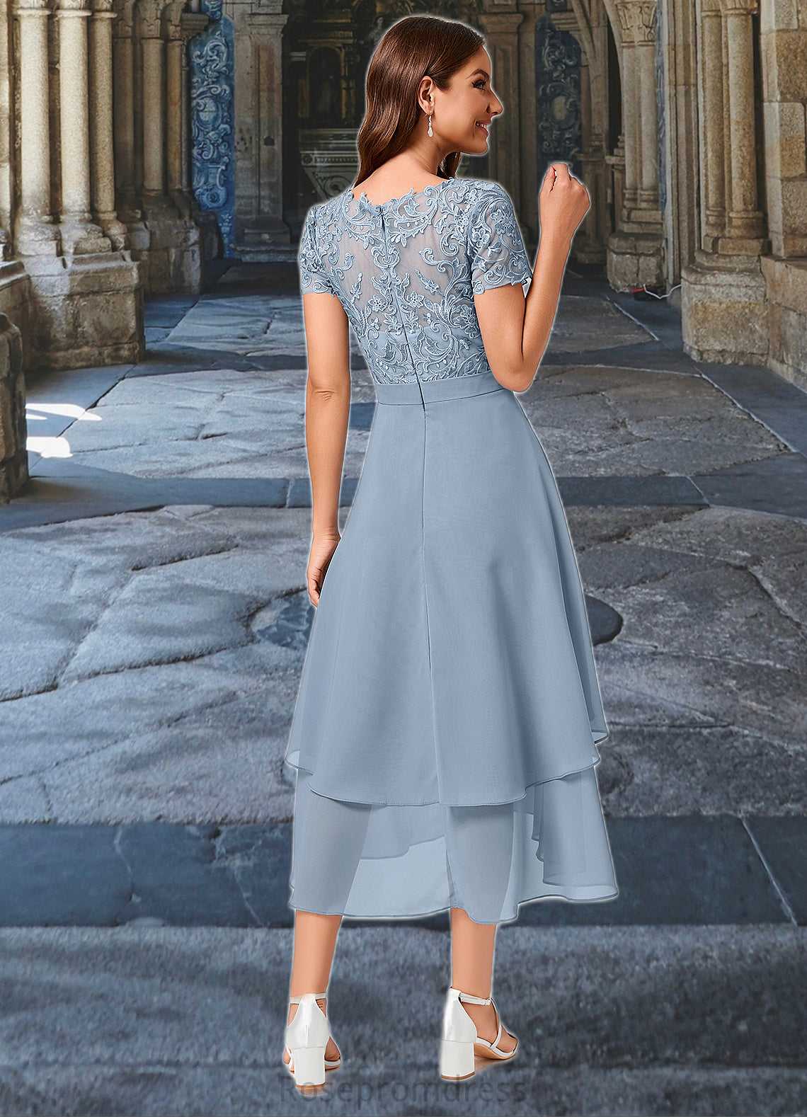 Elle A-line Scoop Asymmetrical Chiffon Lace Cocktail Dress SRSP0022246