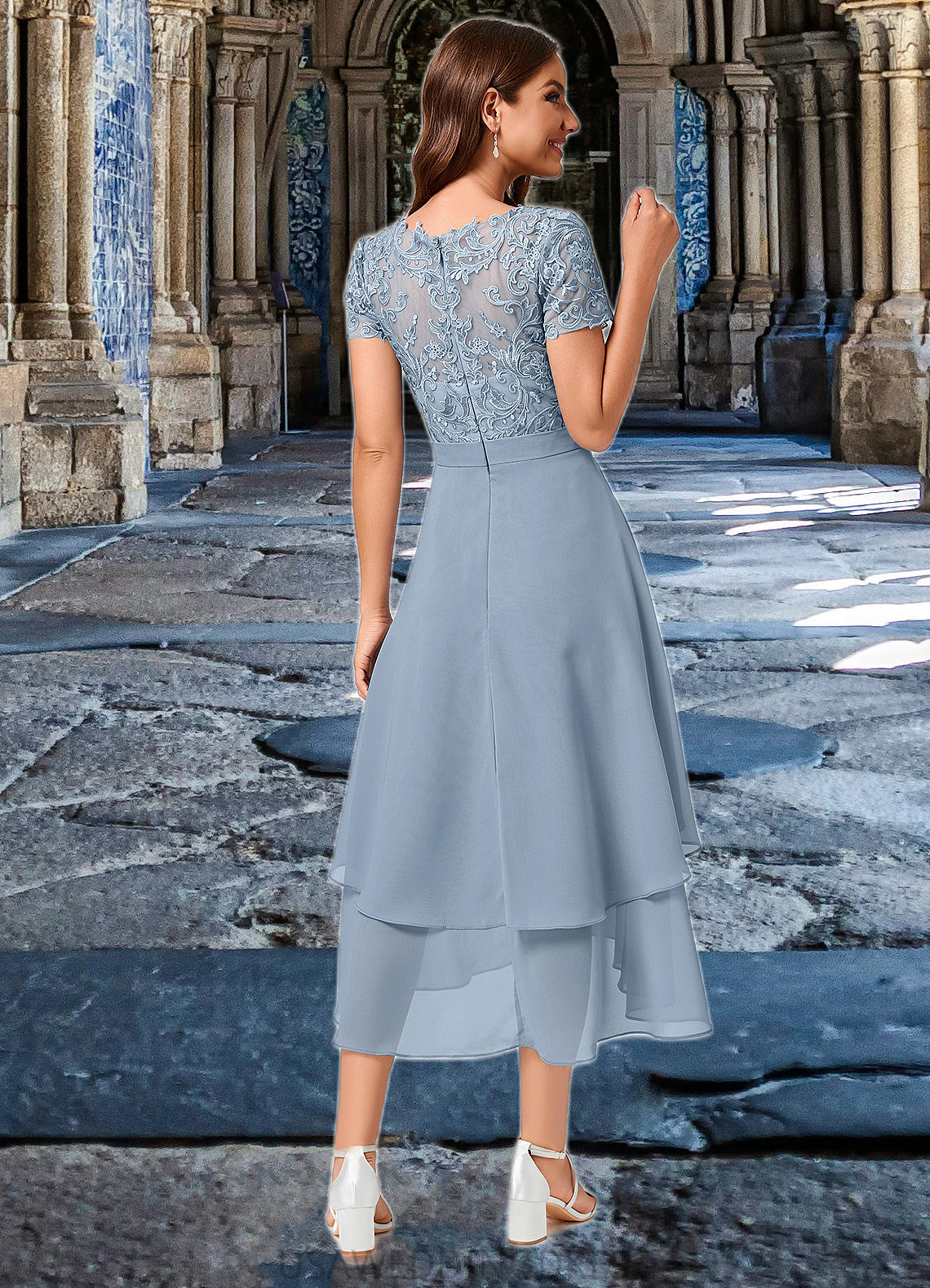 Reina A-line Scoop Asymmetrical Chiffon Lace Cocktail Dress DSP0022246