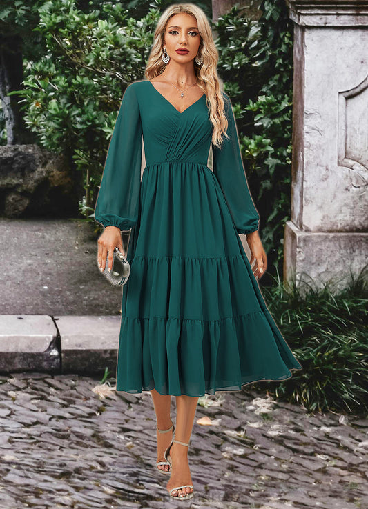 Sarah A-line V-Neck Tea-Length Chiffon Evening Dress With Pleated SRSP0022249