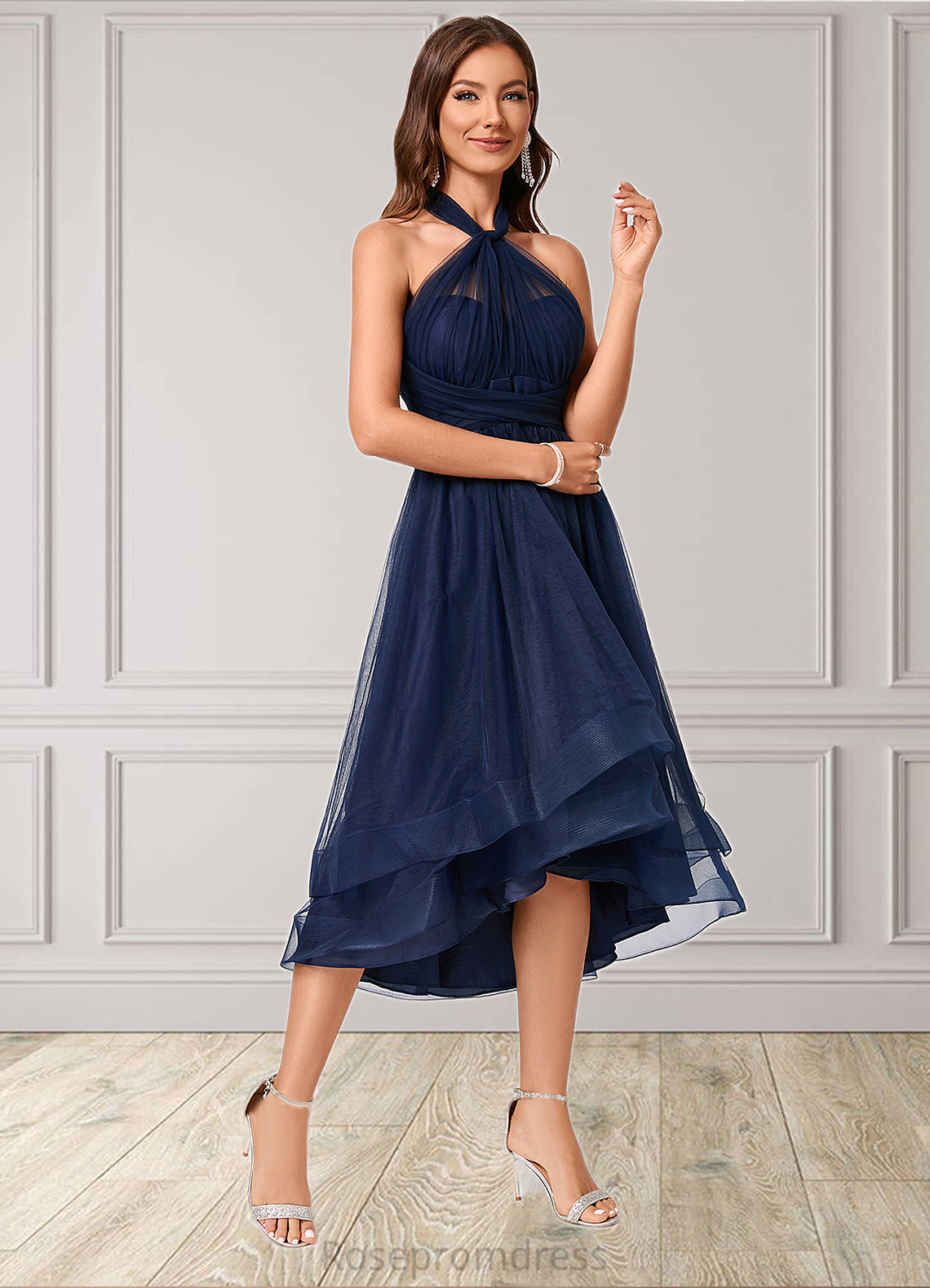 Kelly A-line Halter One Shoulder V-Neck Asymmetrical Tulle Cocktail Dress SRSP0022254
