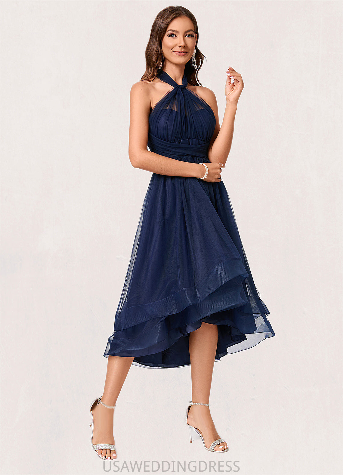 Adrianna A-line Halter One Shoulder V-Neck Asymmetrical Tulle Cocktail Dress DSP0022254