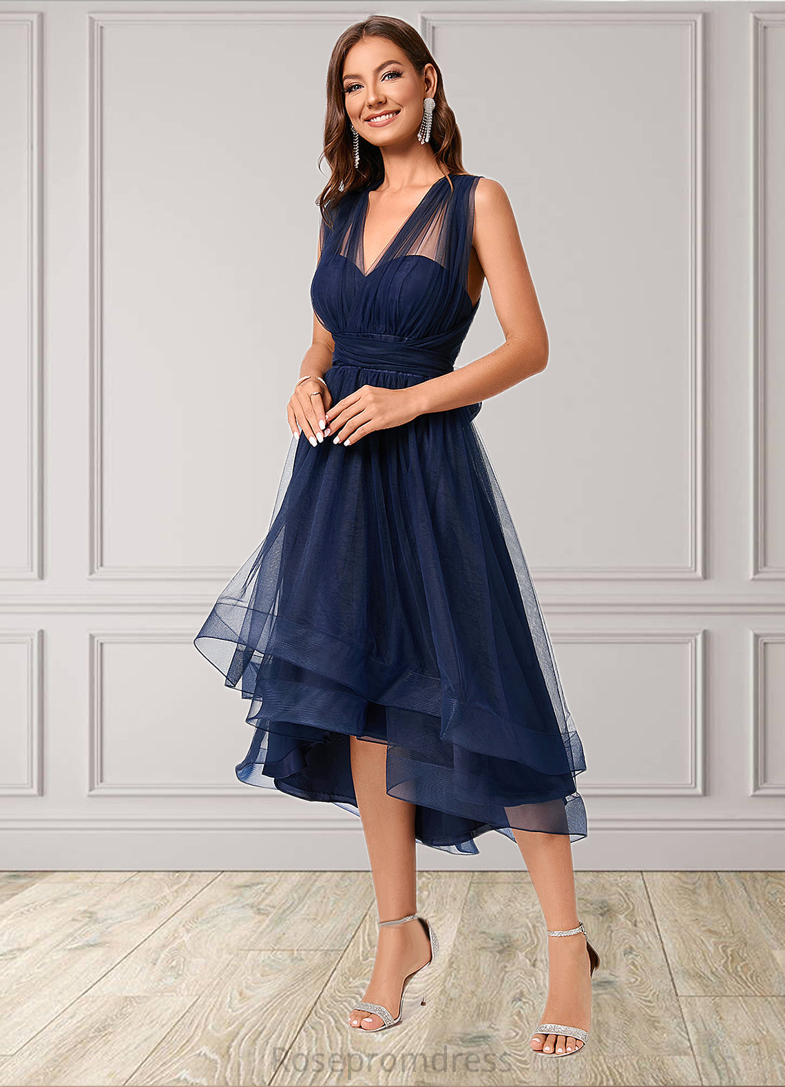 Kelly A-line Halter One Shoulder V-Neck Asymmetrical Tulle Cocktail Dress SRSP0022254