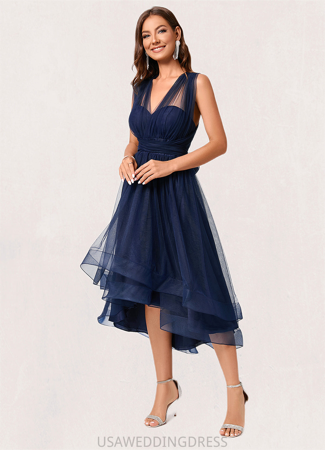 Adrianna A-line Halter One Shoulder V-Neck Asymmetrical Tulle Cocktail Dress DSP0022254