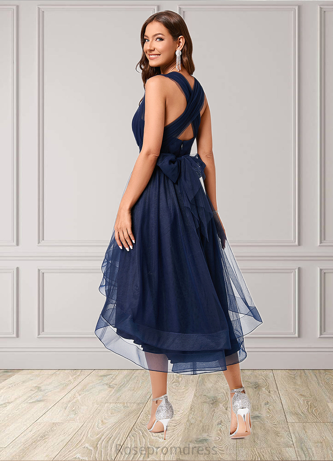 Kelly A-line Halter One Shoulder V-Neck Asymmetrical Tulle Cocktail Dress SRSP0022254