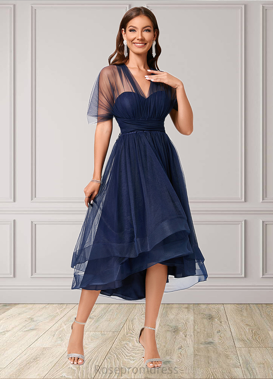 Kelly A-line Halter One Shoulder V-Neck Asymmetrical Tulle Cocktail Dress SRSP0022254