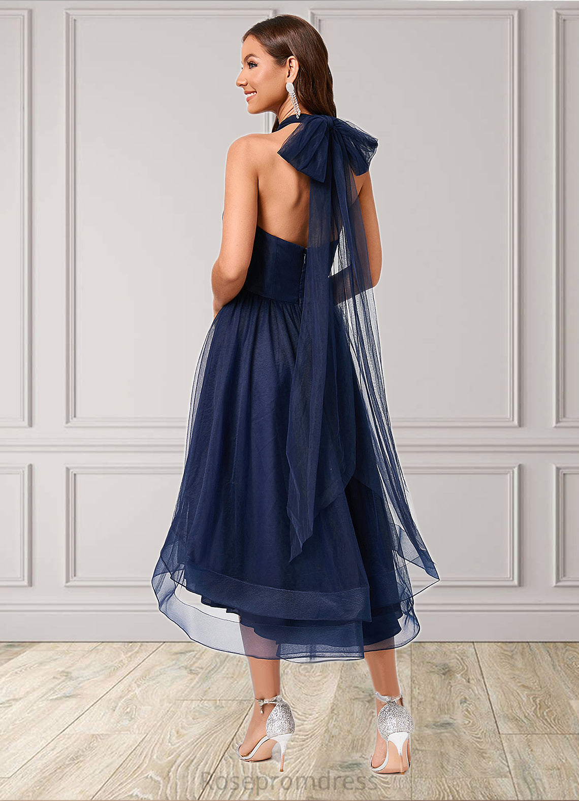 Kelly A-line Halter One Shoulder V-Neck Asymmetrical Tulle Cocktail Dress SRSP0022254