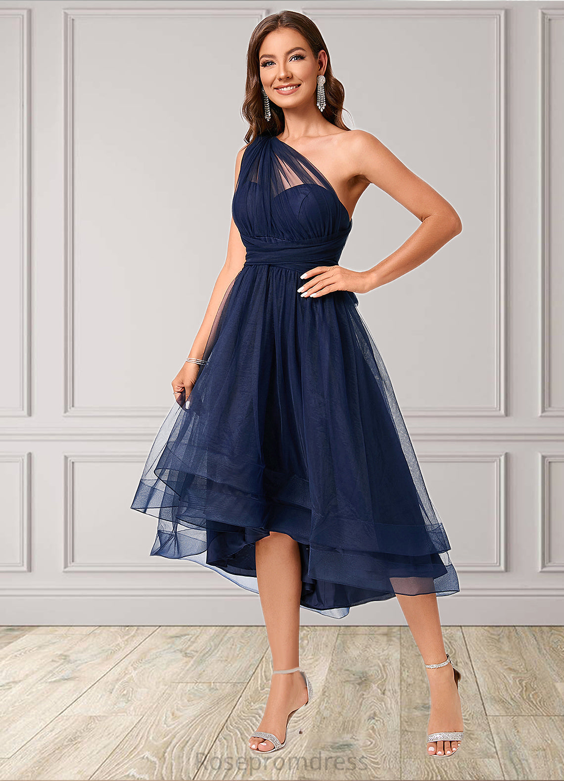 Kelly A-line Halter One Shoulder V-Neck Asymmetrical Tulle Cocktail Dress SRSP0022254
