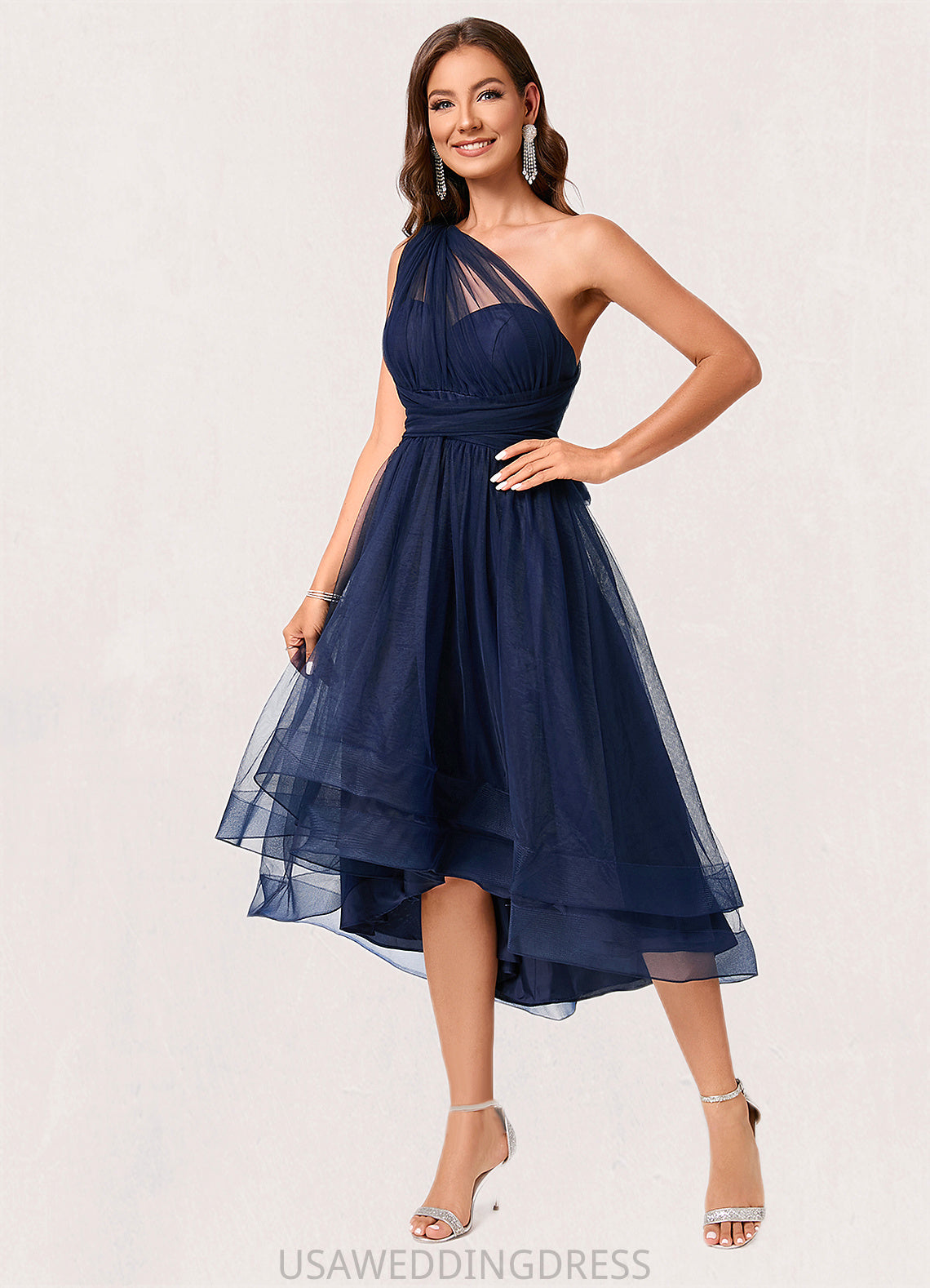 Adrianna A-line Halter One Shoulder V-Neck Asymmetrical Tulle Cocktail Dress DSP0022254