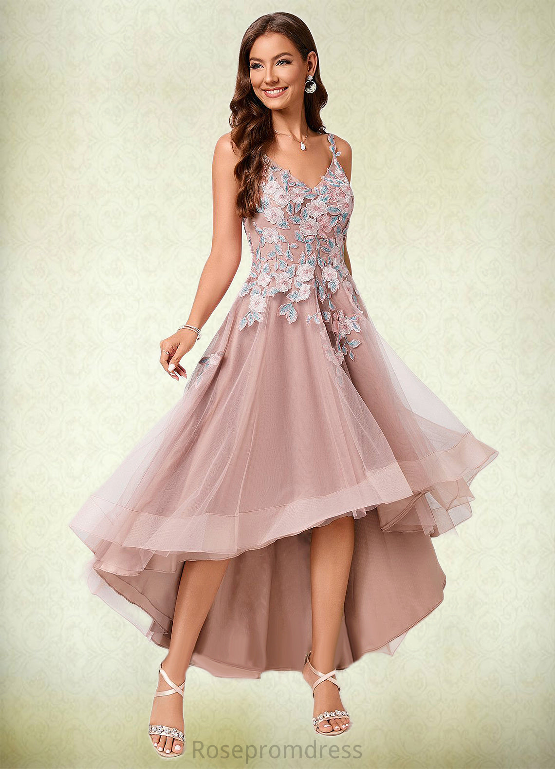 Bridget A-line Off the Shoulder Asymmetrical Lace Tulle Cocktail Dress With Flower SRSP0022258