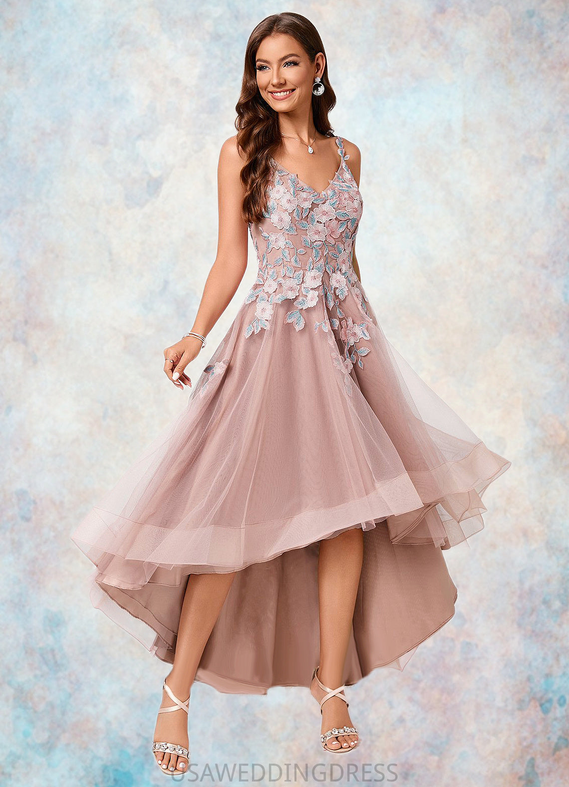 Deborah A-line Off the Shoulder Asymmetrical Lace Tulle Cocktail Dress With Flower DSP0022258