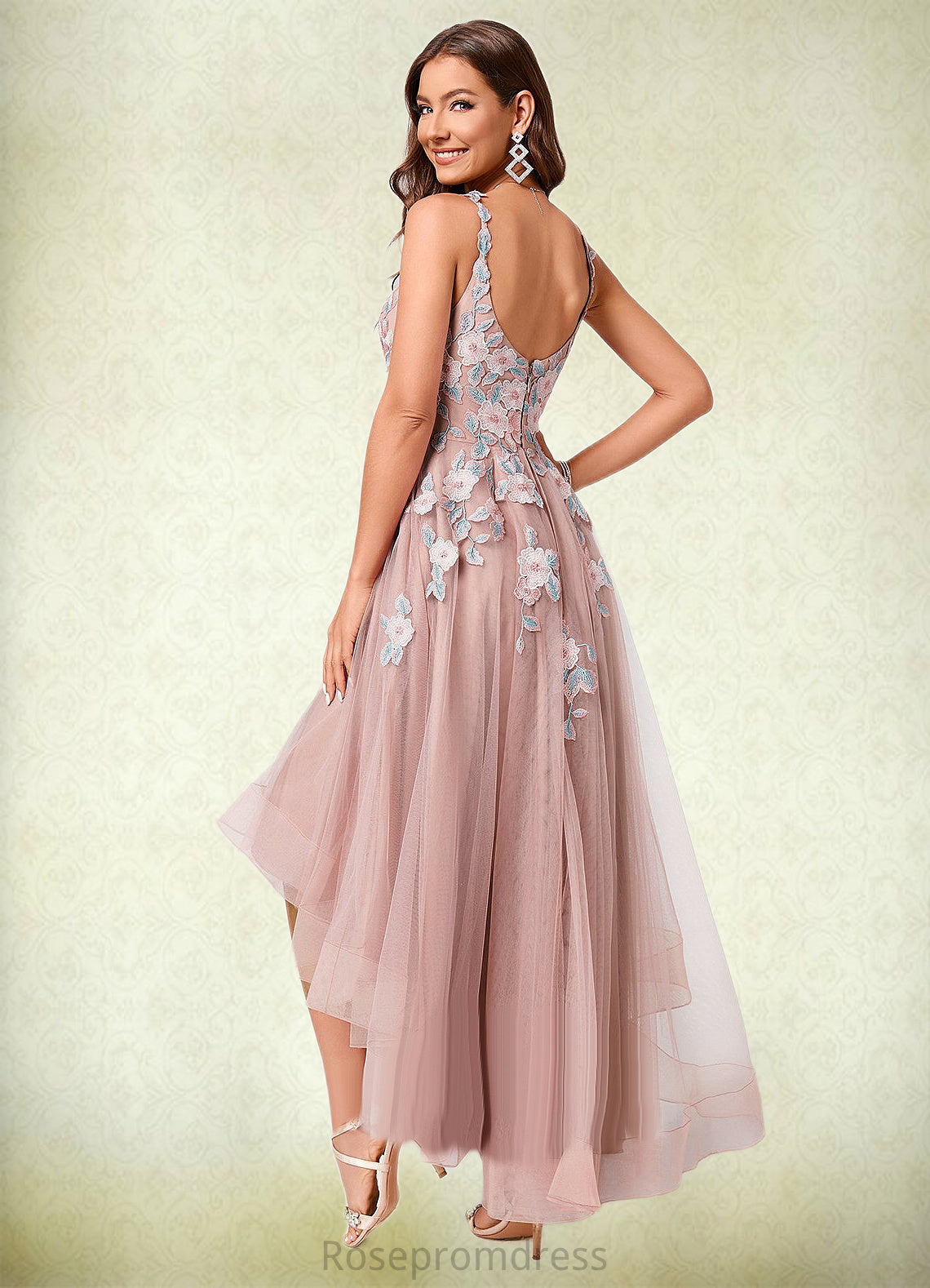 Bridget A-line Off the Shoulder Asymmetrical Lace Tulle Cocktail Dress With Flower SRSP0022258