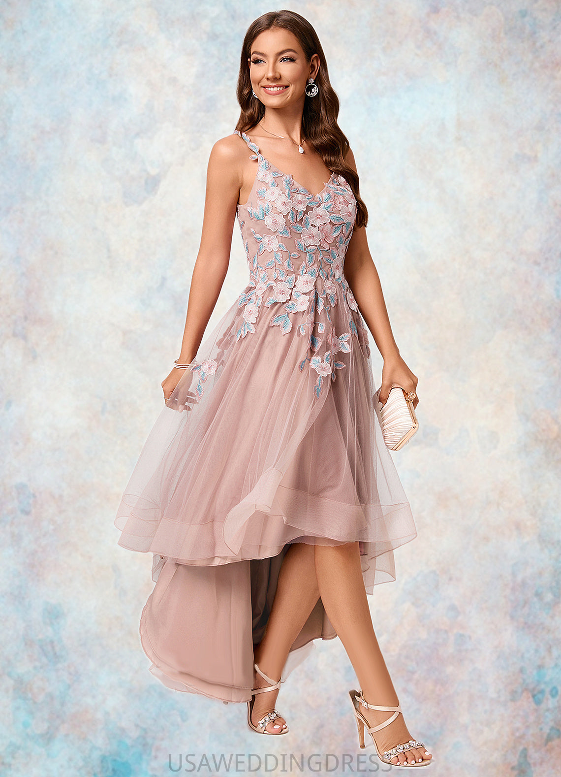 Deborah A-line Off the Shoulder Asymmetrical Lace Tulle Cocktail Dress With Flower DSP0022258