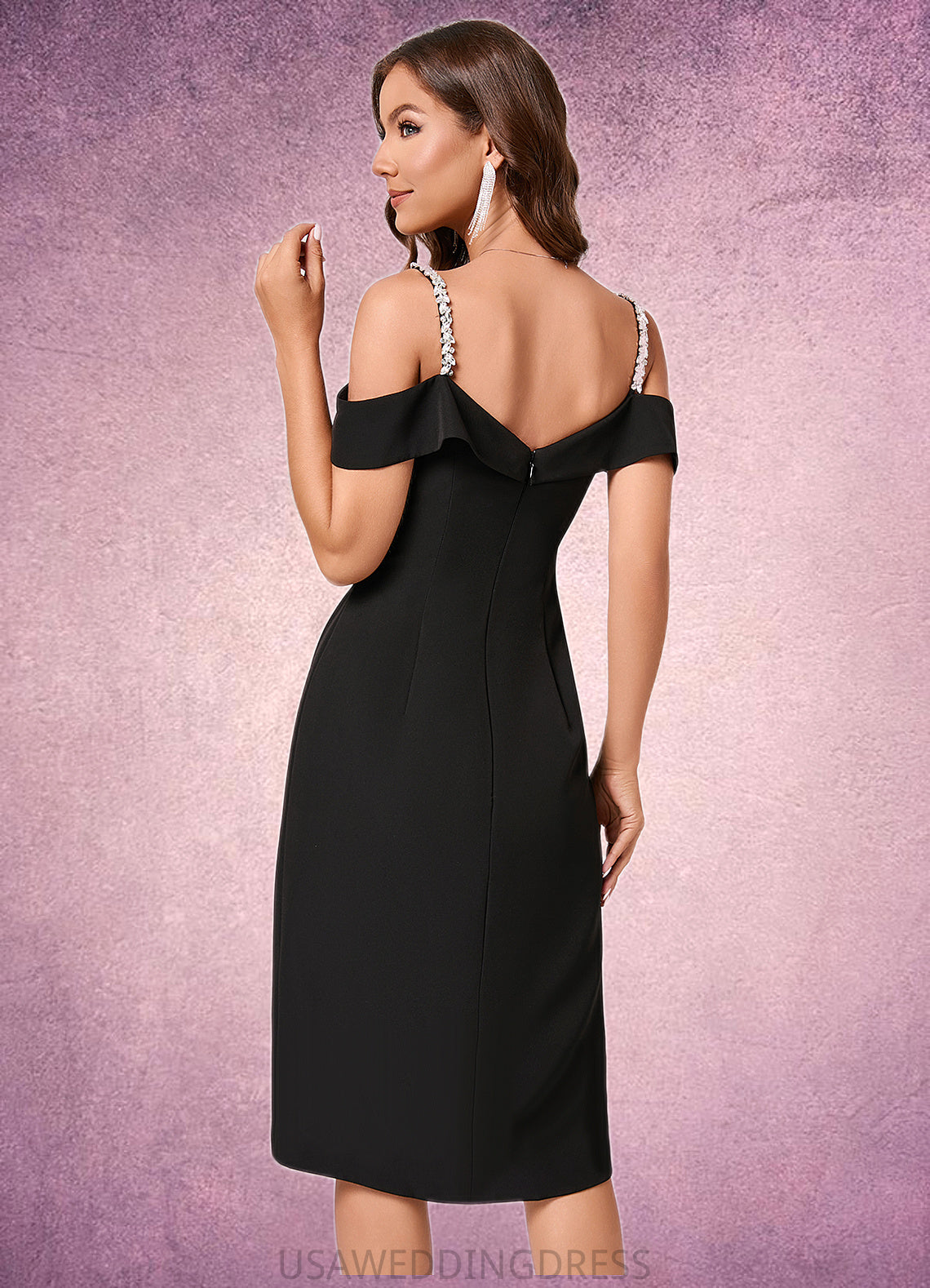 Kylee Sheath/Column Cold Shoulder Asymmetrical Stretch Crepe Cocktail Dress With Rhinestone Ruffle DSP0022259