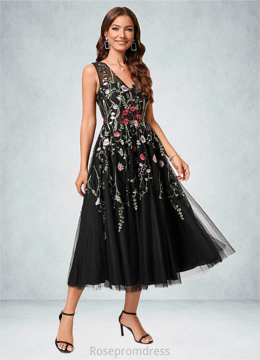 Lauryn A-line V-Neck Tea-Length Lace Tulle Cocktail Dress With Appliques Lace SRSP0022260