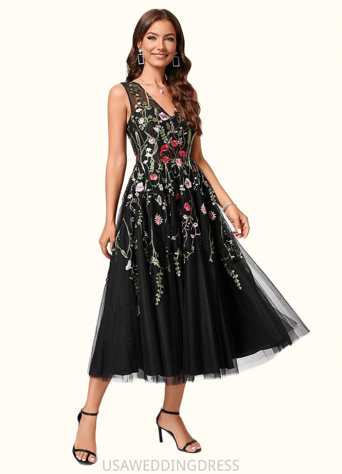 Kitty A-line V-Neck Tea-Length Lace Tulle Cocktail Dress With Appliques Lace DSP0022260