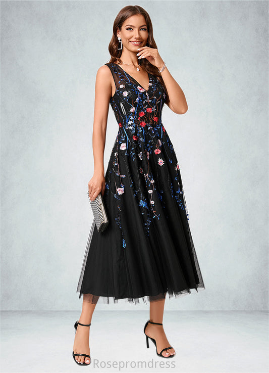 Lauryn A-line V-Neck Tea-Length Lace Tulle Cocktail Dress With Appliques Lace SRSP0022260