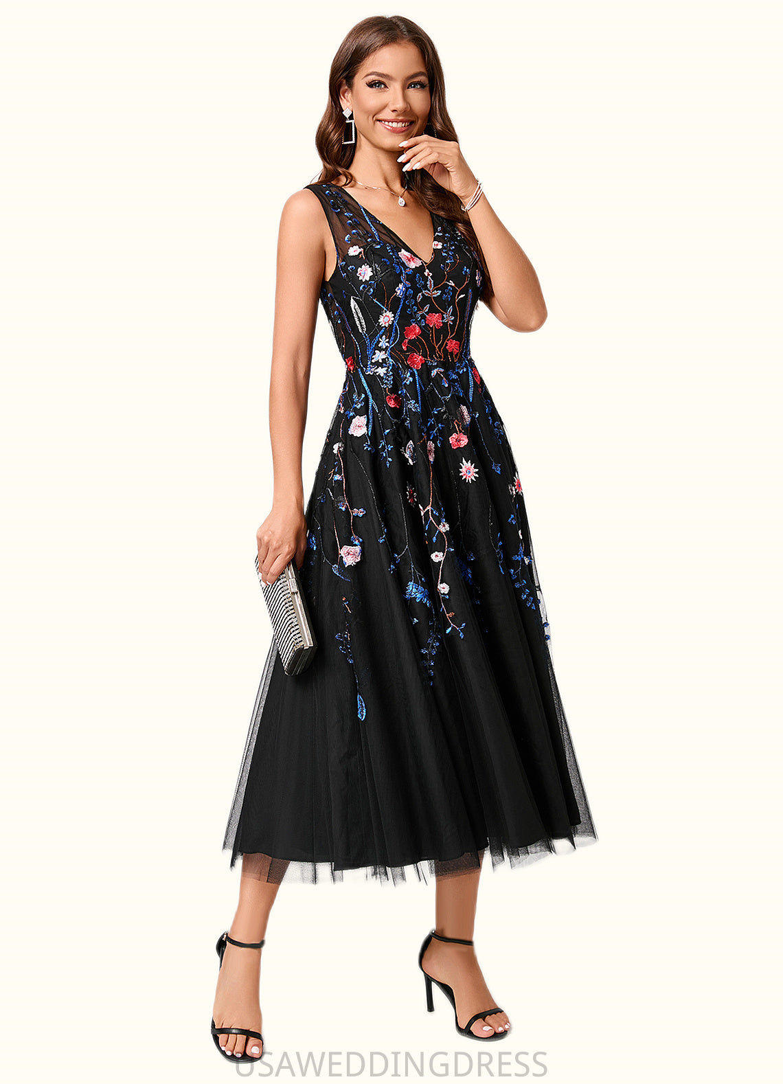 Kitty A-line V-Neck Tea-Length Lace Tulle Cocktail Dress With Appliques Lace DSP0022260