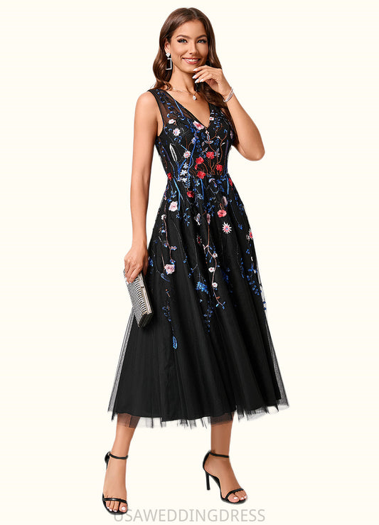Kitty A-line V-Neck Tea-Length Lace Tulle Cocktail Dress With Appliques Lace DSP0022260