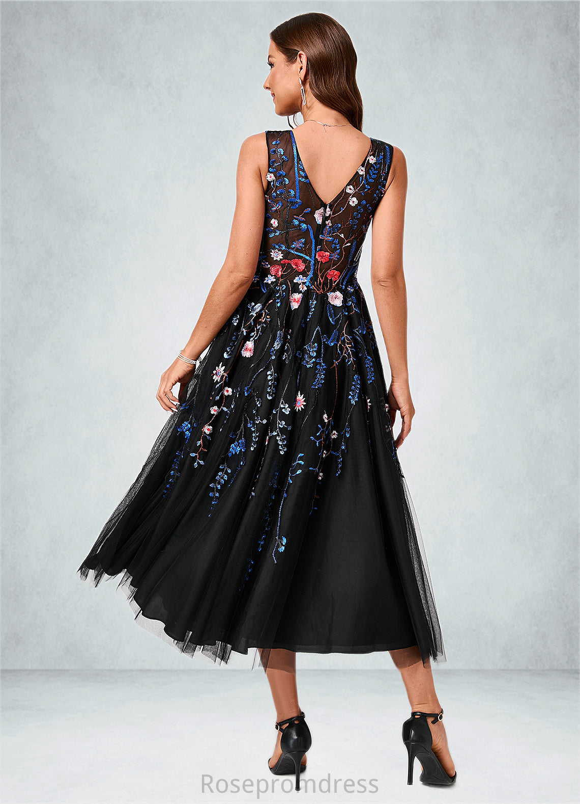 Lauryn A-line V-Neck Tea-Length Lace Tulle Cocktail Dress With Appliques Lace SRSP0022260