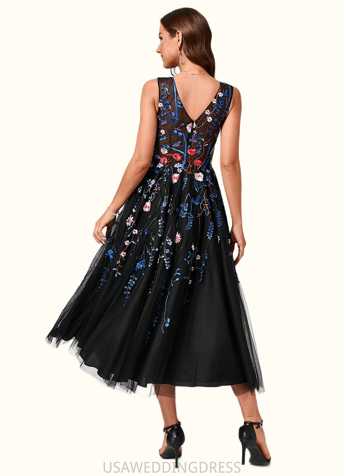 Kitty A-line V-Neck Tea-Length Lace Tulle Cocktail Dress With Appliques Lace DSP0022260