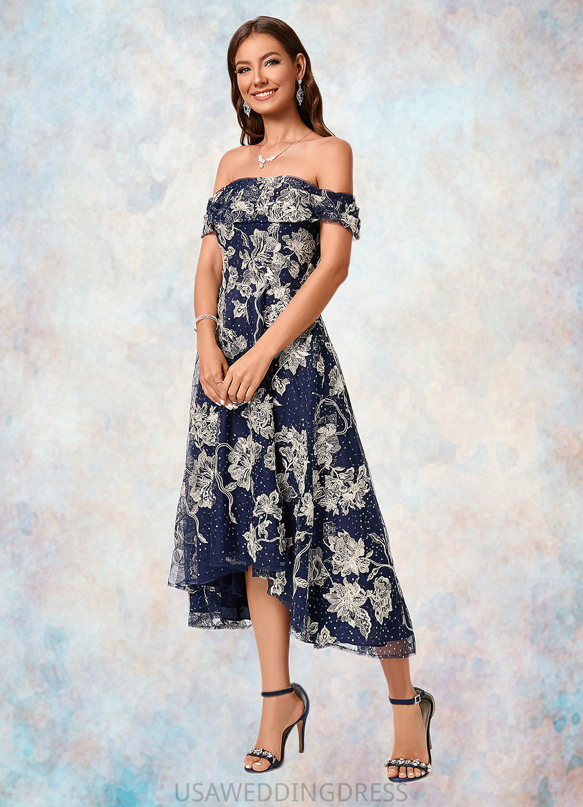 EmeryPiper A-line Off the Shoulder Asymmetrical Lace Sequin Cocktail Dress With Sequins DSP0022274