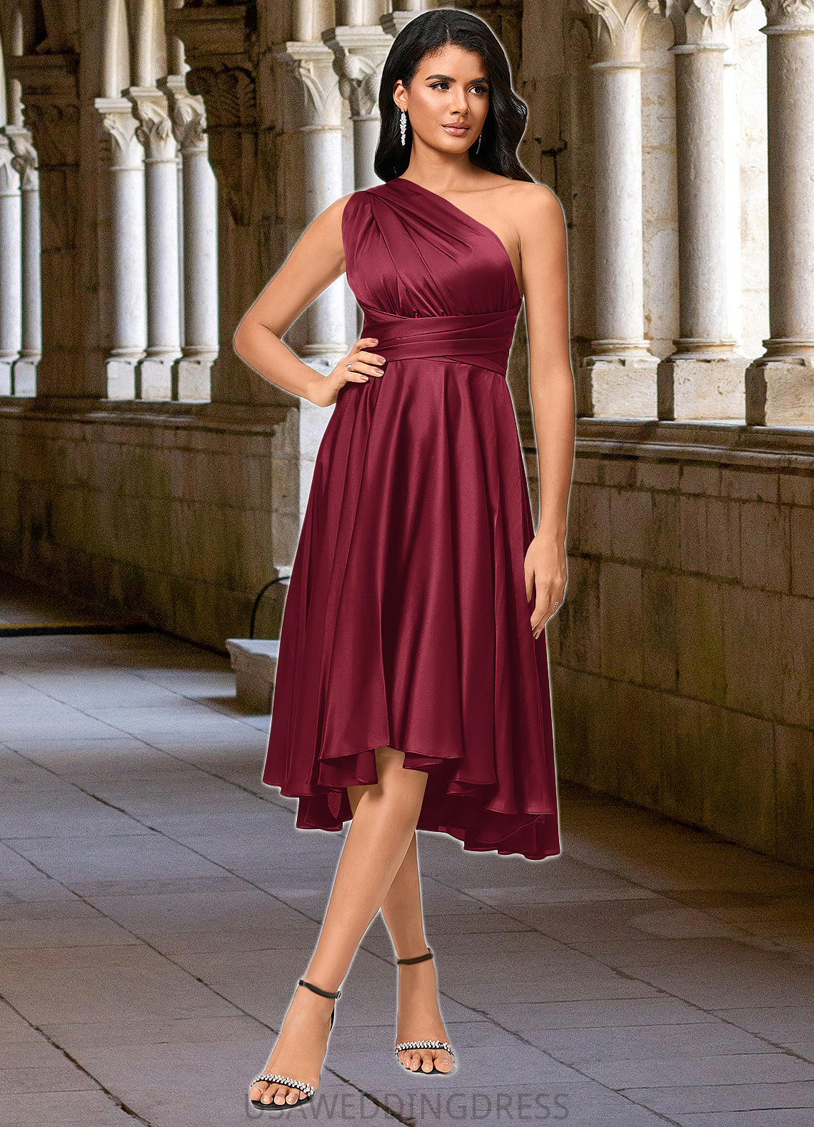 Aniyah A-line Halter One Shoulder V-Neck Asymmetrical Silky Satin Cocktail Dress With Ruffle DSP0022280