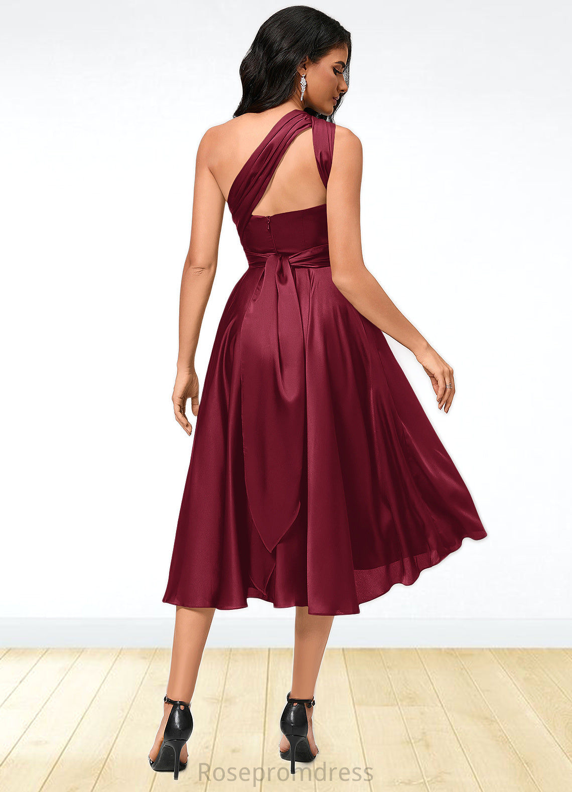 Rylie A-line Halter One Shoulder V-Neck Asymmetrical Silky Satin Cocktail Dress With Ruffle SRSP0022280