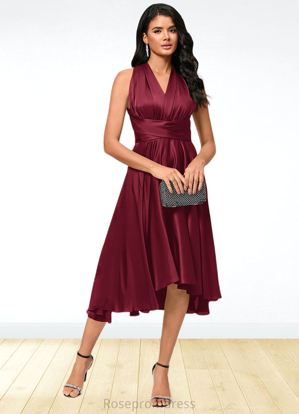 Rylie A-line Halter One Shoulder V-Neck Asymmetrical Silky Satin Cocktail Dress With Ruffle SRSP0022280