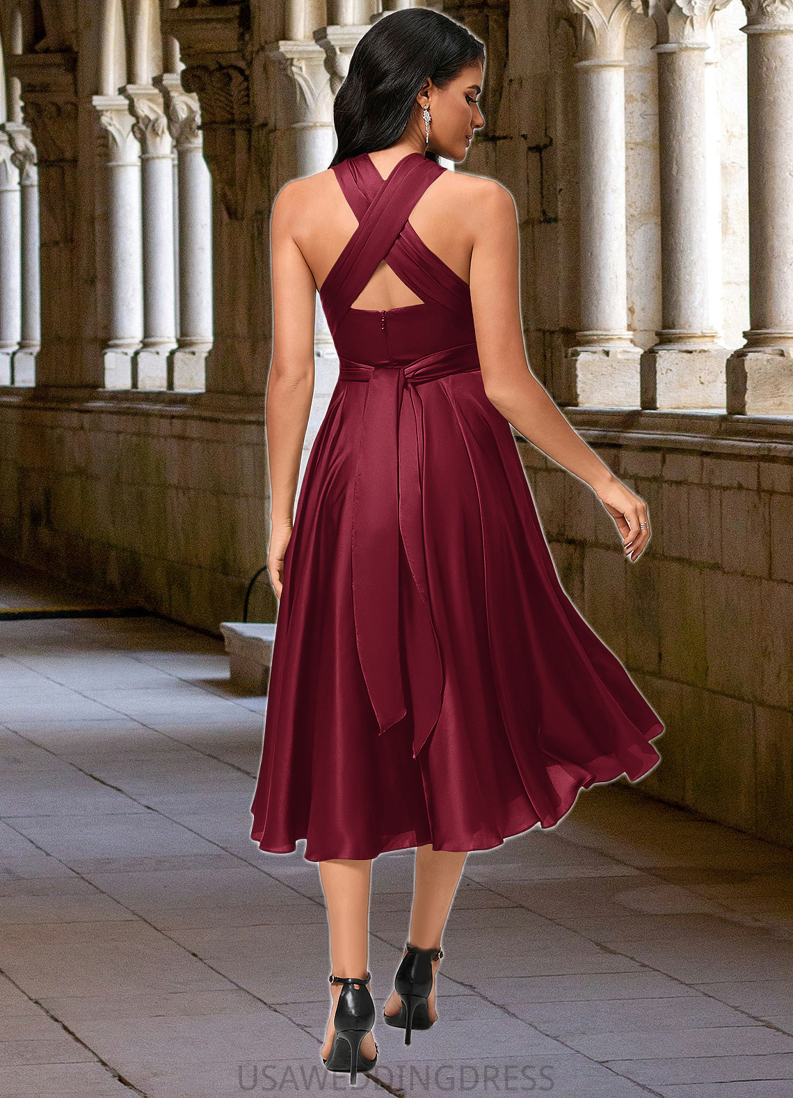 Aniyah A-line Halter One Shoulder V-Neck Asymmetrical Silky Satin Cocktail Dress With Ruffle DSP0022280