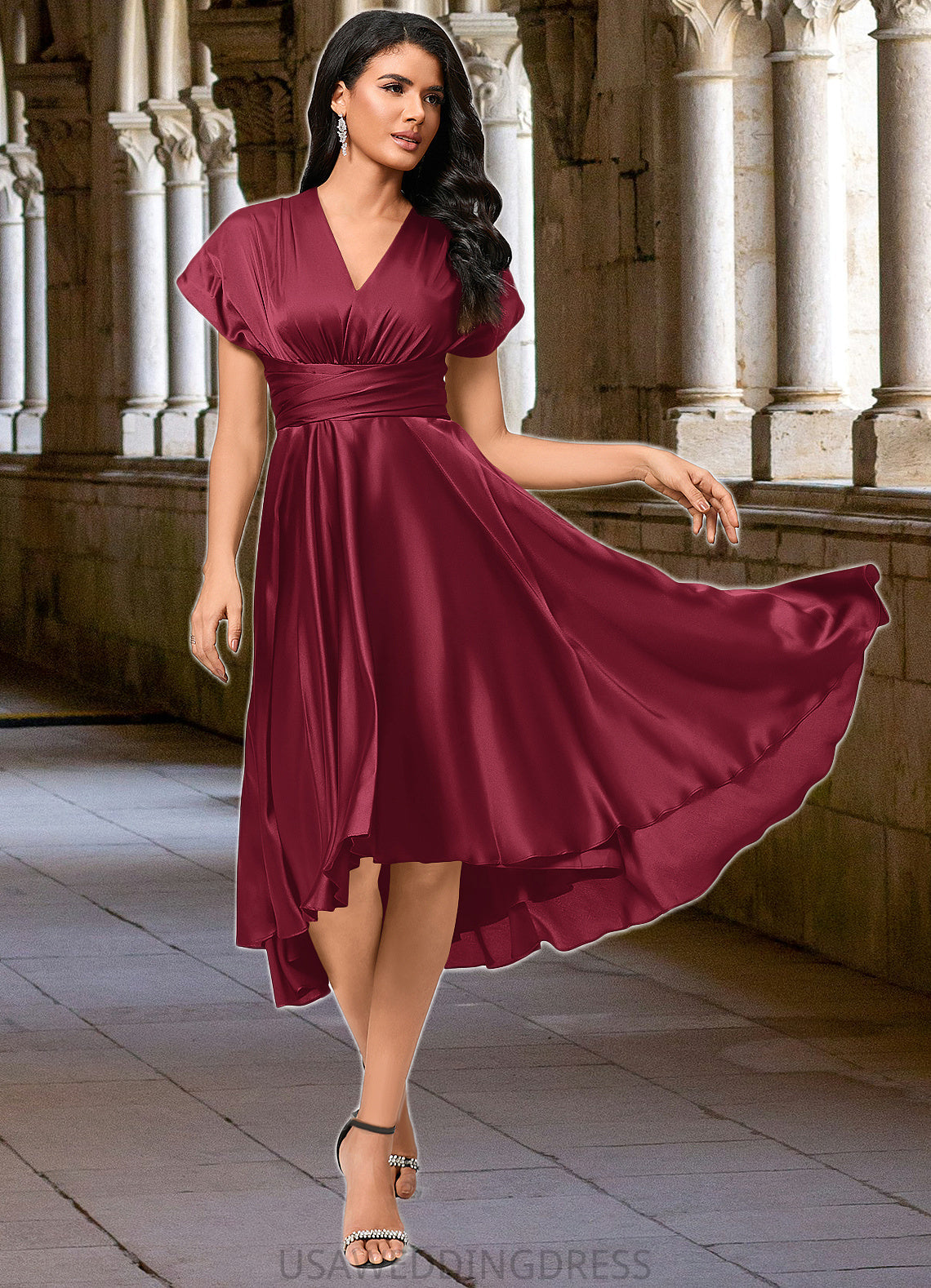Aniyah A-line Halter One Shoulder V-Neck Asymmetrical Silky Satin Cocktail Dress With Ruffle DSP0022280