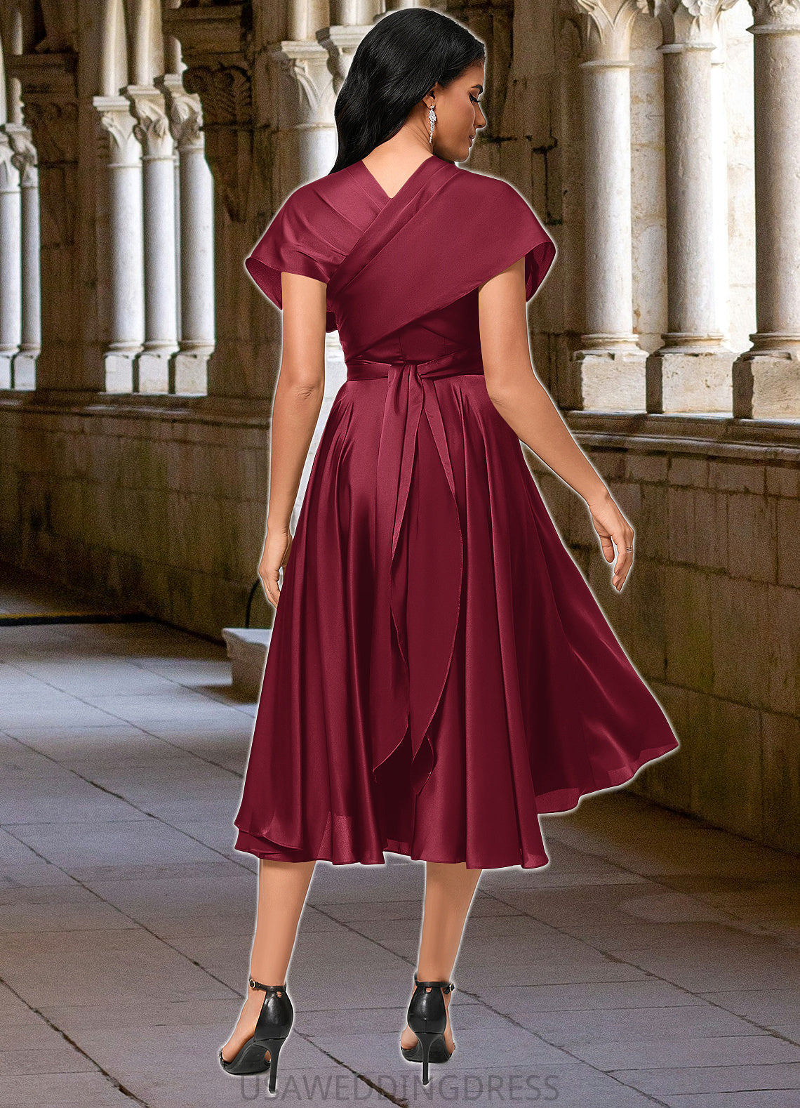 Aniyah A-line Halter One Shoulder V-Neck Asymmetrical Silky Satin Cocktail Dress With Ruffle DSP0022280