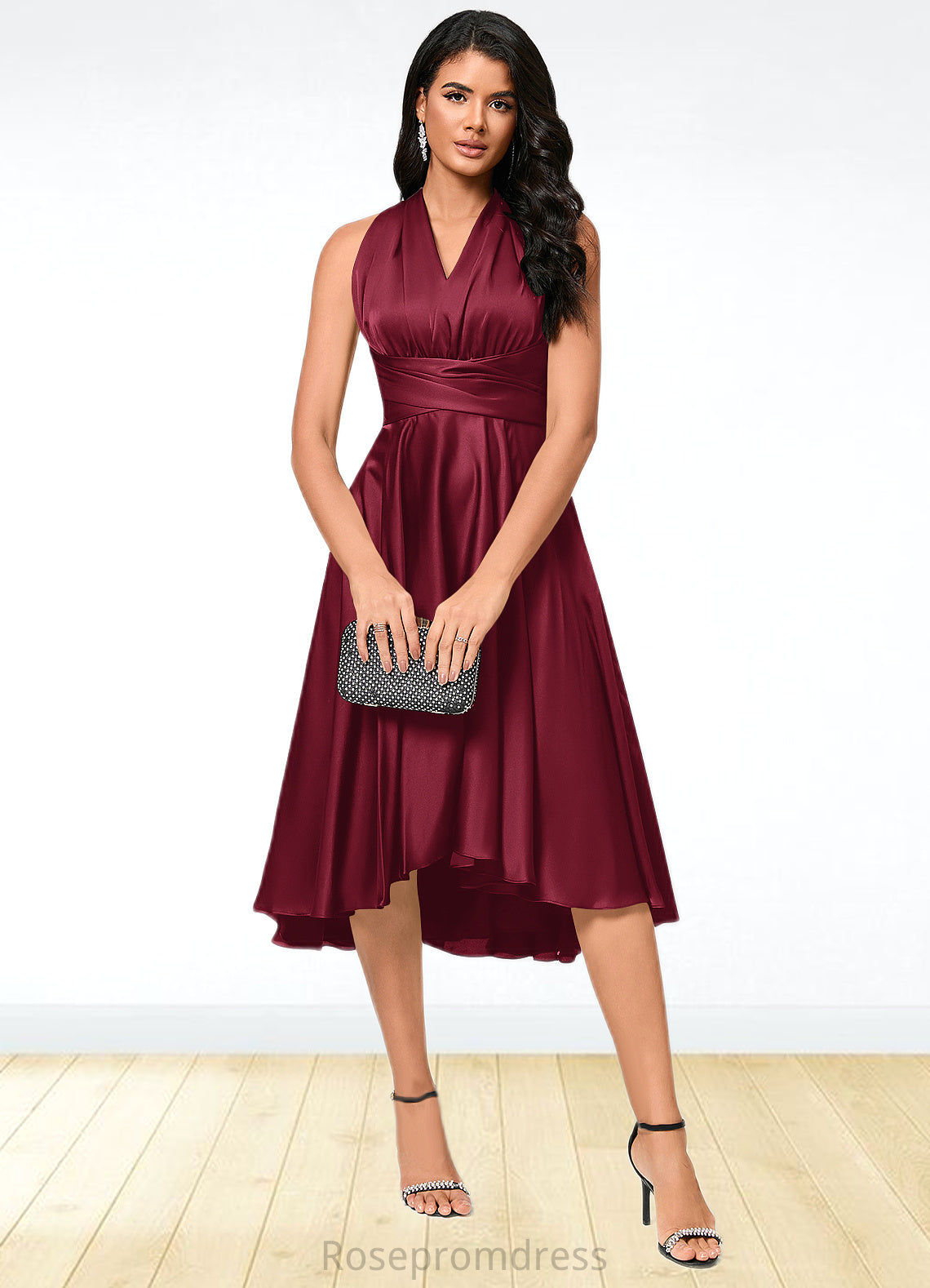 Rylie A-line Halter One Shoulder V-Neck Asymmetrical Silky Satin Cocktail Dress With Ruffle SRSP0022280