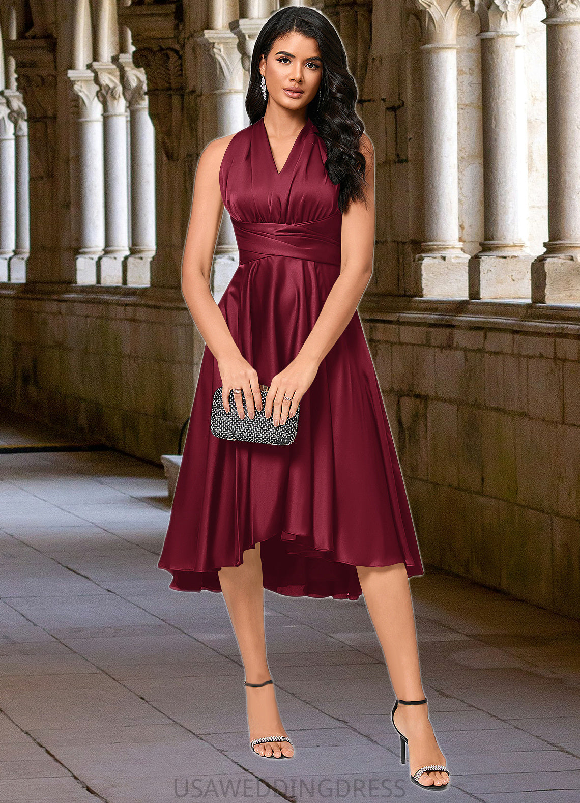 Aniyah A-line Halter One Shoulder V-Neck Asymmetrical Silky Satin Cocktail Dress With Ruffle DSP0022280