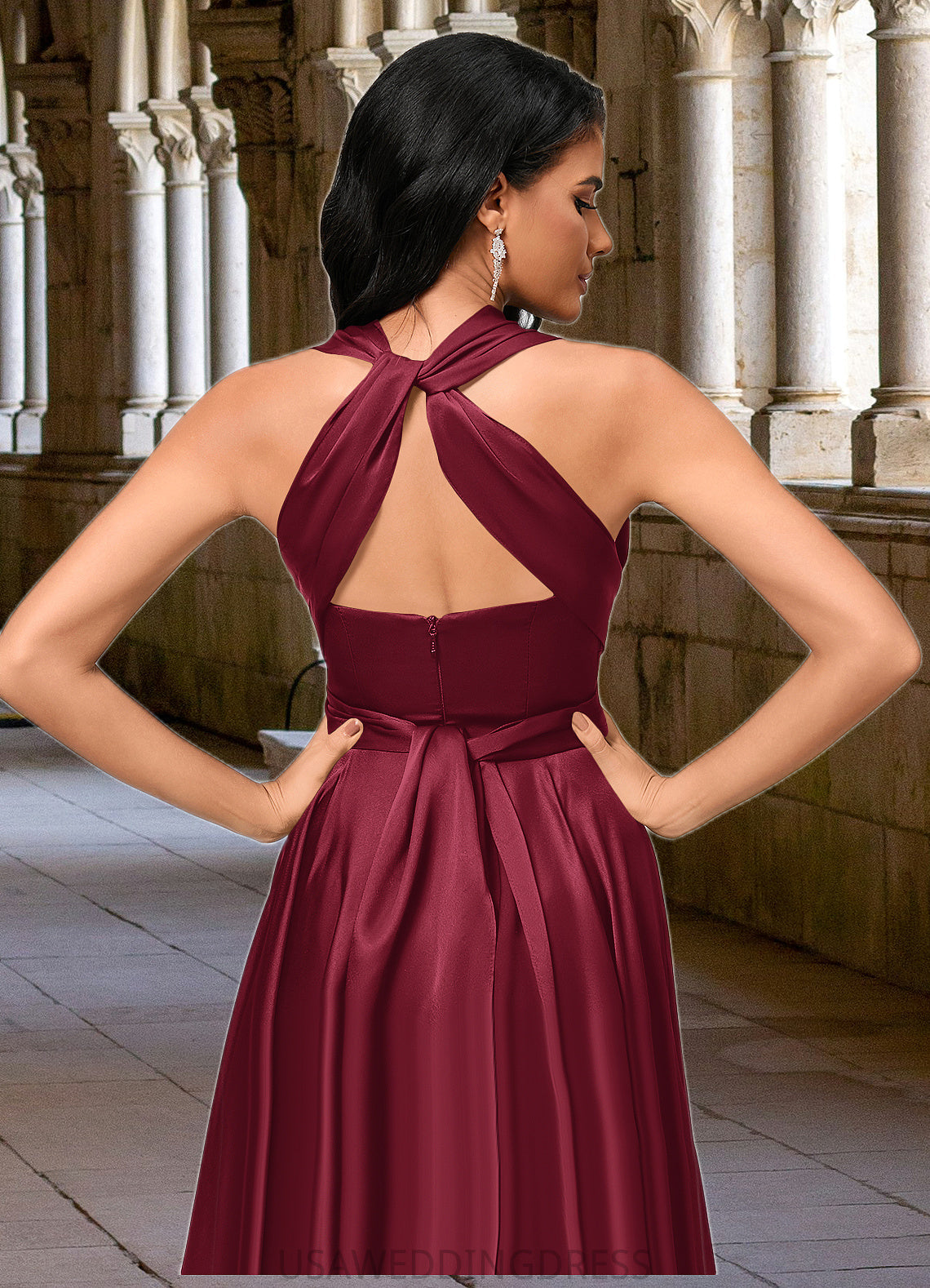 Aniyah A-line Halter One Shoulder V-Neck Asymmetrical Silky Satin Cocktail Dress With Ruffle DSP0022280