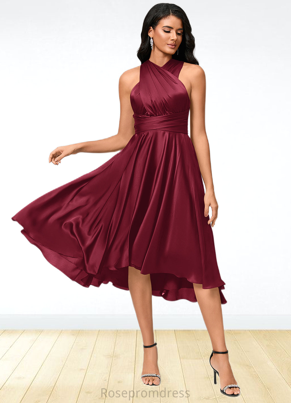 Rylie A-line Halter One Shoulder V-Neck Asymmetrical Silky Satin Cocktail Dress With Ruffle SRSP0022280