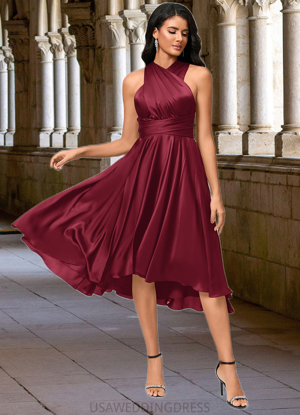 Aniyah A-line Halter One Shoulder V-Neck Asymmetrical Silky Satin Cocktail Dress With Ruffle DSP0022280
