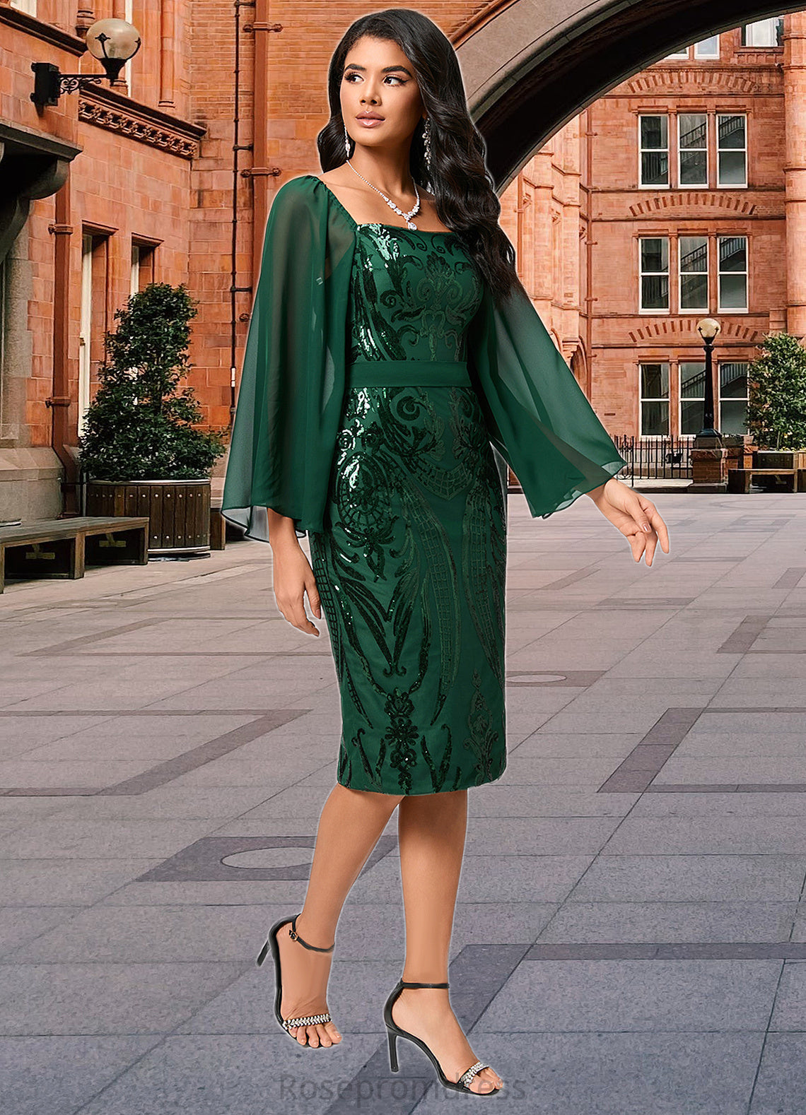 Yasmine Sheath/Column Square Knee-Length Chiffon Lace Sequin Cocktail Dress SRSP0022281