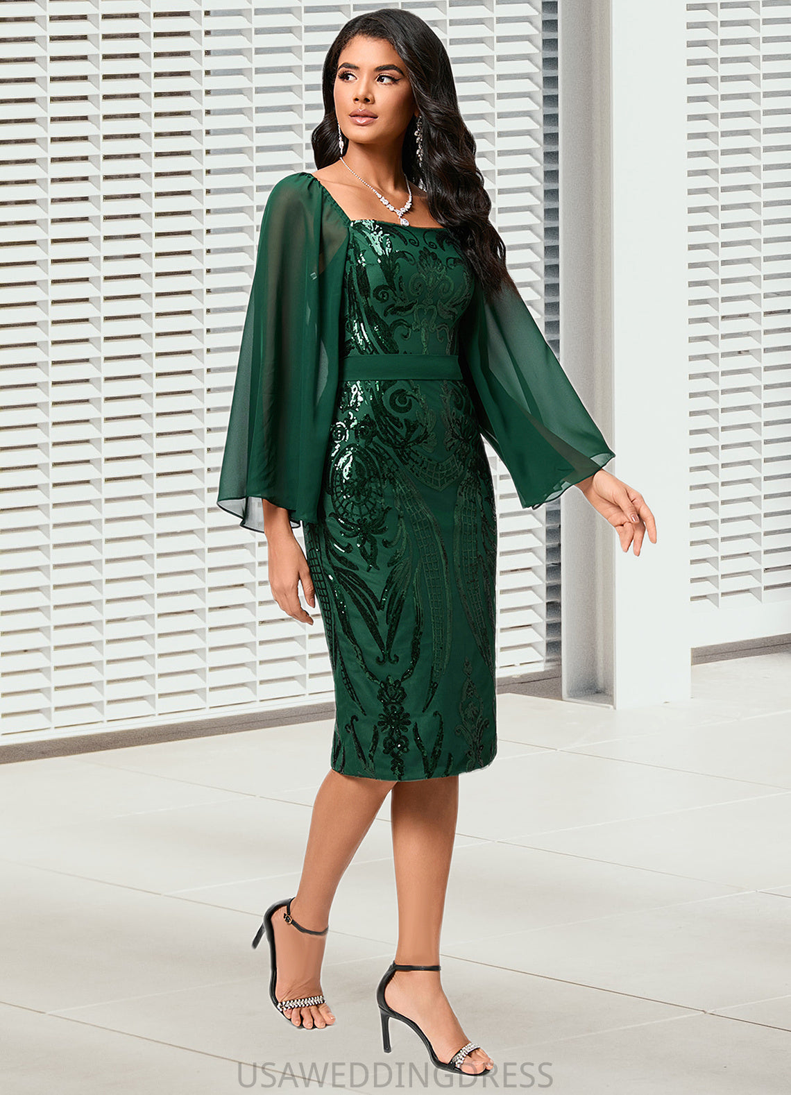 Addison Sheath/Column Square Knee-Length Chiffon Lace Sequin Cocktail Dress DSP0022281