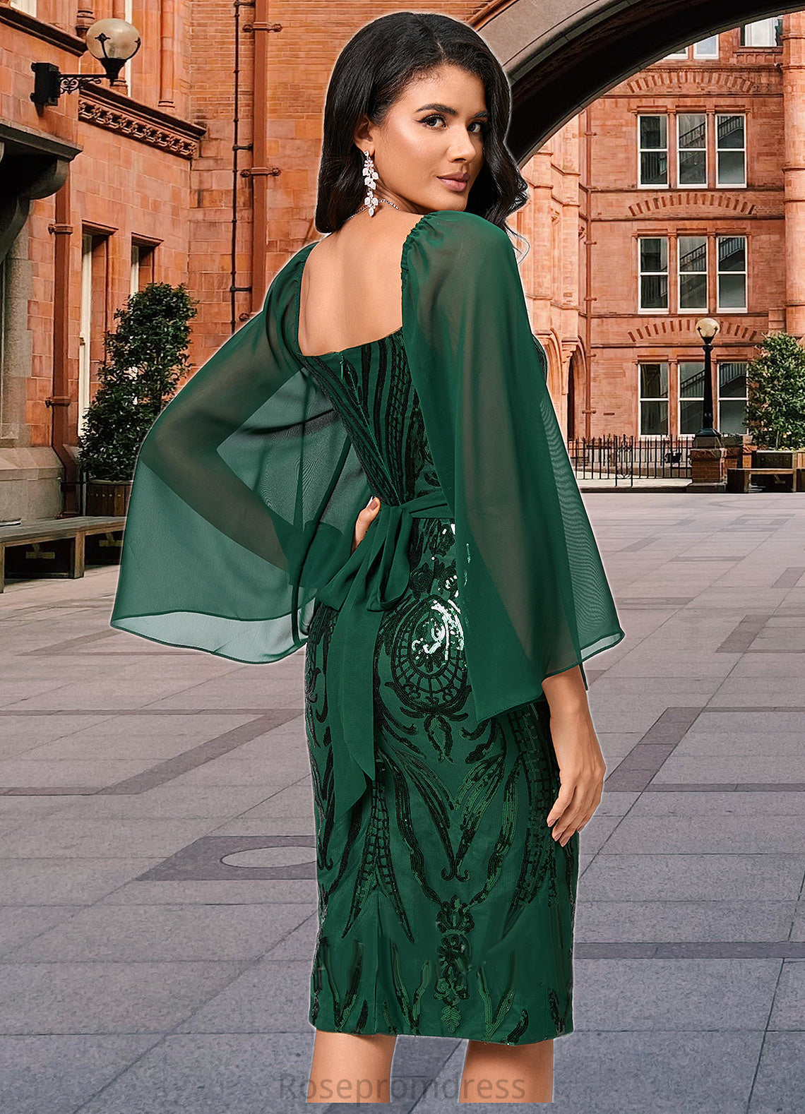 Yasmine Sheath/Column Square Knee-Length Chiffon Lace Sequin Cocktail Dress SRSP0022281