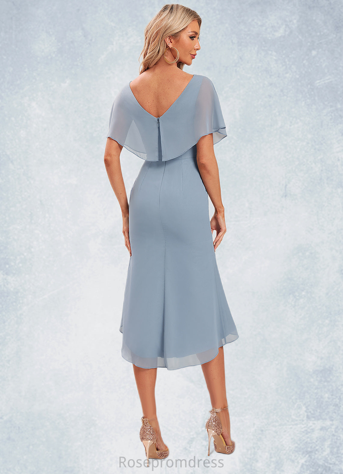 Lilly Sheath/Column V-Neck Asymmetrical Chiffon Cocktail Dress With Ruffle SRSP0022282