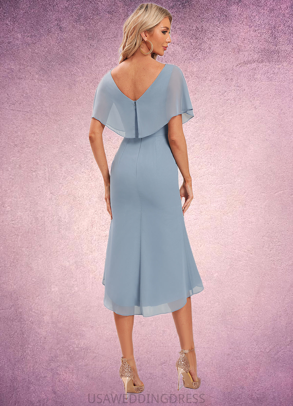 Jaylyn Sheath/Column V-Neck Asymmetrical Chiffon Cocktail Dress With Ruffle DSP0022282